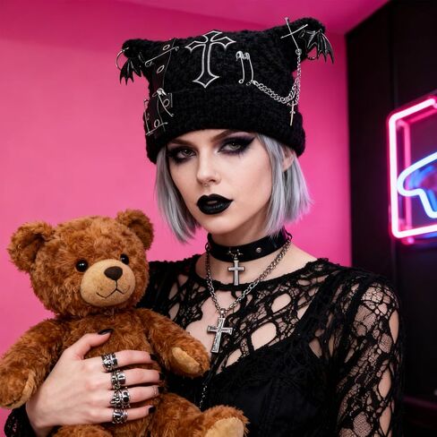 قبعة أذن قطة Y2K Goth Accessories قبعة محبوكة على الطراز القوطي الشرير، قبعات شتوية بديلة للنساء، أساور ناعمة قابلة للتمدد باللون الأسود in Kuwait