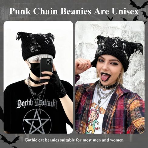 قبعة أذن قطة Y2K Goth Accessories قبعة محبوكة على الطراز القوطي الشرير، قبعات شتوية بديلة للنساء، أساور ناعمة قابلة للتمدد باللون الأسود in Kuwait