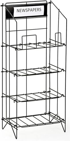 Wire Newspaper Stand with 4 Shelves, Free-Standing, Adjustable-Height Pockets, with Nameplate - Black in Kuwait