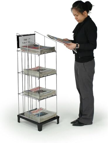 Wire Newspaper Stand with 4 Shelves, Free-Standing, Adjustable-Height Pockets, with Nameplate - Black in Kuwait