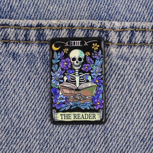 The Reader Skeleton Tarot Card Pin Brooch, Skeleton Reading Lover Enamel Pin, Gift For Book Lover Bookworm Reader, Bibliophile Brooches, Book Club Lapel Badge, Spooky Library Accessories in Saudi Arabia