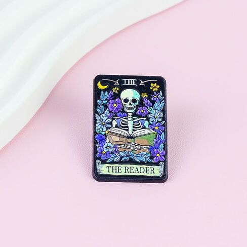 The Reader Skeleton Tarot Card Pin Brooch, Skeleton Reading Lover Enamel Pin, Gift For Book Lover Bookworm Reader, Bibliophile Brooches, Book Club Lapel Badge, Spooky Library Accessories in Saudi Arabia