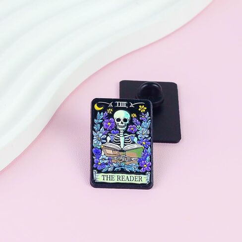The Reader Skeleton Tarot Card Pin Brooch, Skeleton Reading Lover Enamel Pin, Gift For Book Lover Bookworm Reader, Bibliophile Brooches, Book Club Lapel Badge, Spooky Library Accessories in Saudi Arabia