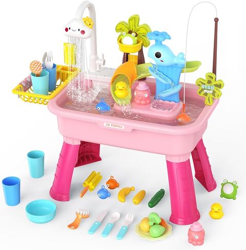 Water Table Toys for Toddlers 3+ - 43 PCS Summer Outdoor Games Sensory Toys for Boys Girls Birthday Gifts, Sand Beach Playset with Electric Water Pump & Fishing Toy & Kitchen Play Sink Toy, Yellow in Saudi Arabia