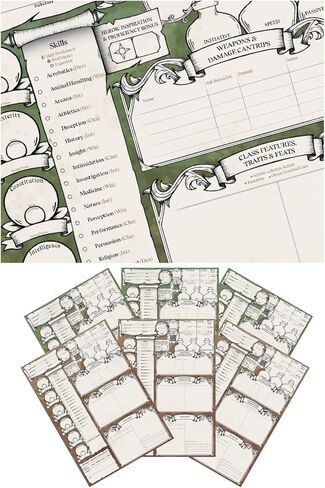 DND Character Sheets with Hand Drawn Artwork. Wet Erase Plastic Sheets Compatible with Dungeons and Dragons 5e & 2024 Player’s Handbook. Set of 6 (Green & Brown). in Saudi Arabia