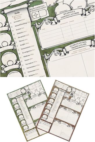 DND Character Sheets with Hand Drawn Artwork. Wet Erase Plastic Sheets Compatible with Dungeons and Dragons 5e & 2024 Player’s Handbook. Set of 6 (Green & Brown). in Saudi Arabia