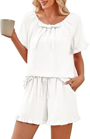 Kikibell Pajama Set for Women 2 Piece Ruffle Short Sleeve Tops and Shorts with Pocket Soft Sleepwear Lounge Set Loungewear in Kuwait