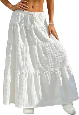 AXX Women's Boho Flowy Maxi Skirt - High Waist Layered Ruffle Flared Long Skirt for Summer Casual Going Out Outfits in Kuwait