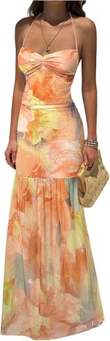 Floerns Women's Floral Mesh Halter Backless Boho Maxi Dress Spaghetti Strap Vacation Long Dresses in Kuwait