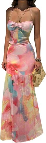 Floerns Women's Floral Mesh Halter Backless Boho Maxi Dress Spaghetti Strap Vacation Long Dresses in Saudi Arabia