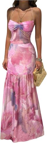 Floerns Women's Floral Mesh Halter Backless Boho Maxi Dress Spaghetti Strap Vacation Long Dresses in Saudi Arabia