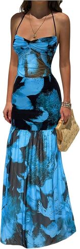 Floerns Women's Floral Mesh Halter Backless Boho Maxi Dress Spaghetti Strap Vacation Long Dresses in Saudi Arabia