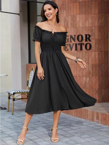 Florboom Women's Off Shoulder Midi Dress with Slit Smocked High Waist Slimming Summer Boho Casual Dress with Pockets in Saudi Arabia
