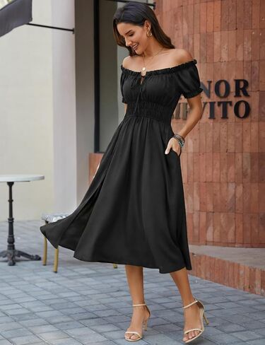 Florboom Women's Off Shoulder Midi Dress with Slit Smocked High Waist Slimming Summer Boho Casual Dress with Pockets in Saudi Arabia