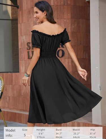 Florboom Women's Off Shoulder Midi Dress with Slit Smocked High Waist Slimming Summer Boho Casual Dress with Pockets in Saudi Arabia