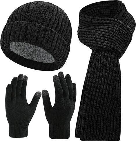3 Pcs Hat Gloves Scarf Set Black Winter Hats Knit Beanie Touchscreen Glove Long Scaves Themal Skull Caps for Men Women in Kuwait