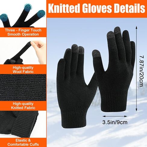 3 Pcs Hat Gloves Scarf Set Black Winter Hats Knit Beanie Touchscreen Glove Long Scaves Themal Skull Caps for Men Women in Kuwait