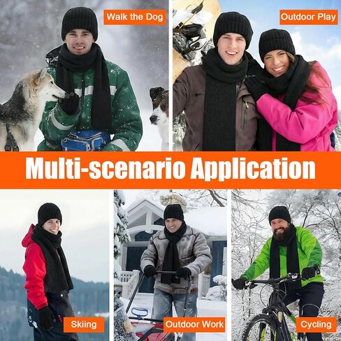 3 Pcs Hat Gloves Scarf Set Black Winter Hats Knit Beanie Touchscreen Glove Long Scaves Themal Skull Caps for Men Women in Kuwait