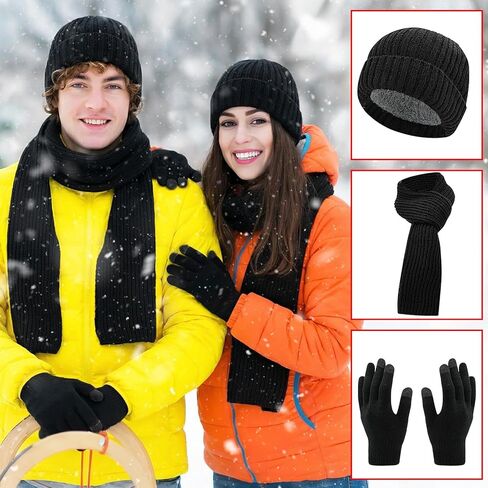 3 Pcs Hat Gloves Scarf Set Black Winter Hats Knit Beanie Touchscreen Glove Long Scaves Themal Skull Caps for Men Women in Kuwait
