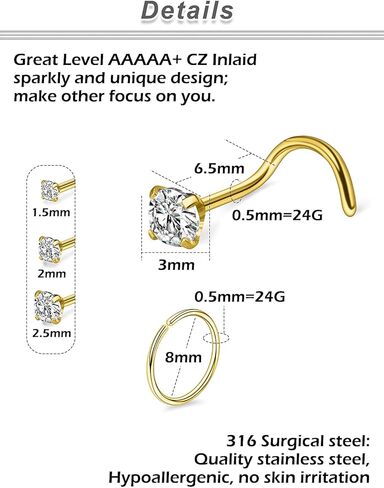 Yaalozei 24G Corkscrew Nose Rings Studs 316L Surgical Steel Hypoallergenic Diamond Nose Rings Hoops Nostril Piercing Jewelry for Women Men Silver Gold in Saudi Arabia