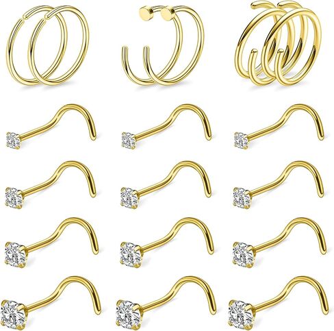 Yaalozei 24G Corkscrew Nose Rings Studs 316L Surgical Steel Hypoallergenic Diamond Nose Rings Hoops Nostril Piercing Jewelry for Women Men Silver Gold in Saudi Arabia