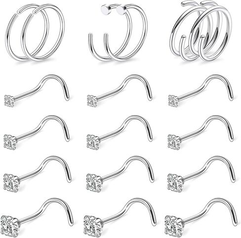 Yaalozei 24G Corkscrew Nose Rings Studs 316L Surgical Steel Hypoallergenic Diamond Nose Rings Hoops Nostril Piercing Jewelry for Women Men Silver Gold in Saudi Arabia