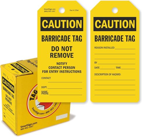 SmartSign 100-Pack Caution Barricade Tags, 2-Sided Write-On Tags in Dispenser Box, 'Do Not Remove Notify Contact Person for Entry Instructions' Tag, 6.25" x 3", 10 mil Plastic, Yellow and Black in Kuwait