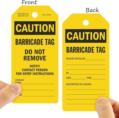 SmartSign 100-Pack Caution Barricade Tags, 2-Sided Write-On Tags in Dispenser Box, 'Do Not Remove Notify Contact Person for Entry Instructions' Tag, 6.25" x 3", 10 mil Plastic, Yellow and Black in Kuwait