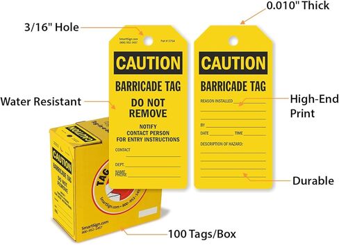 SmartSign 100-Pack Caution Barricade Tags, 2-Sided Write-On Tags in Dispenser Box, 'Do Not Remove Notify Contact Person for Entry Instructions' Tag, 6.25" x 3", 10 mil Plastic, Yellow and Black in Kuwait