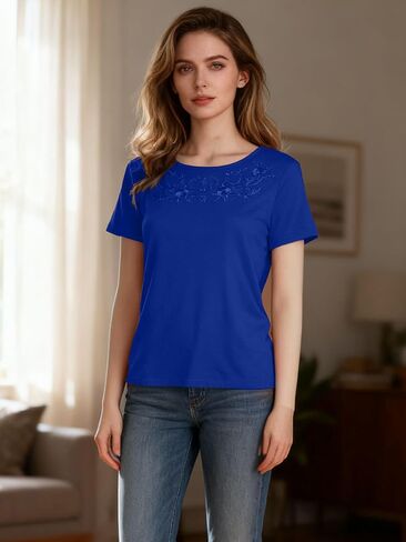 Women’s Lace Crew Neck Short Sleeve T Shirt, Casual Lightweight Summer Top, Soft Basic Tee for Daily Wear in Saudi Arabia