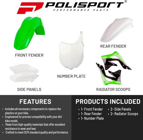 Polisport Motocross (MX) Replica Plastic Kit for Kawasaki KX 450F (2013-15) – OEM Quality, Durable, Flexible & Perfect Fit – Green/White/Black in Saudi Arabia