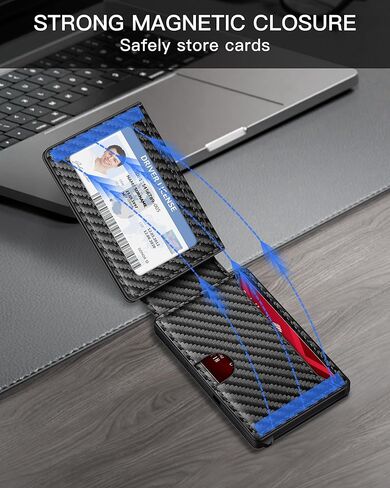 Wallet for Men | RFID Blocking Magsafe Pop Up Metal Card Holder | with 2 ID Windows and Cash Slot | Hold 12 -15 Cards | Slim Compact Bifold Smart Wallet | Magnetic Closure (Black Carbon Fiber) in Saudi Arabia