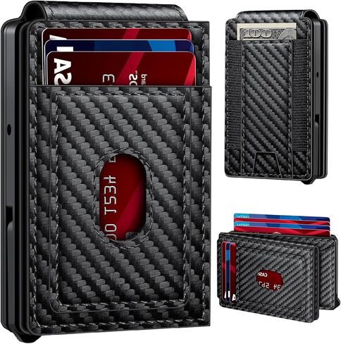 Wallet for Men | RFID Blocking Magsafe Pop Up Metal Card Holder | with 2 ID Windows and Cash Slot | Hold 12 -15 Cards | Slim Compact Bifold Smart Wallet | Magnetic Closure (Black Carbon Fiber) in Kuwait