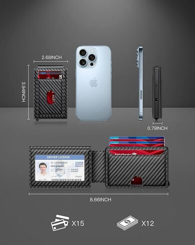 Wallet for Men | RFID Blocking Magsafe Pop Up Metal Card Holder | with 2 ID Windows and Cash Slot | Hold 12 -15 Cards | Slim Compact Bifold Smart Wallet | Magnetic Closure (Black Carbon Fiber) in Saudi Arabia