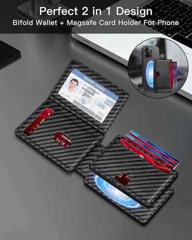 Wallet for Men | RFID Blocking Magsafe Pop Up Metal Card Holder | with 2 ID Windows and Cash Slot | Hold 12 -15 Cards | Slim Compact Bifold Smart Wallet | Magnetic Closure (Black Carbon Fiber) in Saudi Arabia