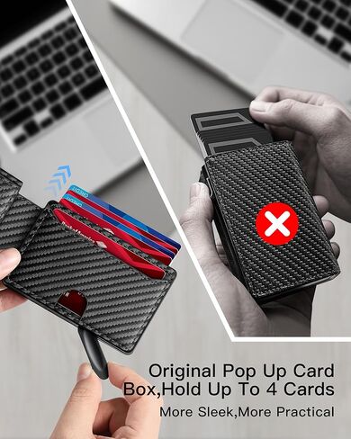 Wallet for Men | RFID Blocking Magsafe Pop Up Metal Card Holder | with 2 ID Windows and Cash Slot | Hold 12 -15 Cards | Slim Compact Bifold Smart Wallet | Magnetic Closure (Black Carbon Fiber) in Saudi Arabia