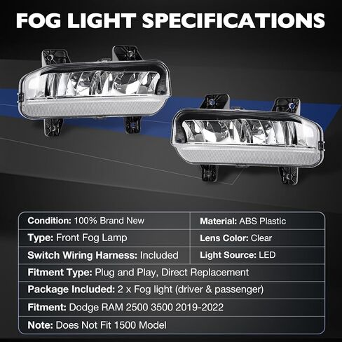 LED Fog Lights Compatible with 2019-2022 Dodge Ram 2500 3500, Front Bumper Fog Lamp Assembly Kit with Brackets, Switch & Wiring Harness, Replaces OE 68273291AB 68273292AB in Saudi Arabia