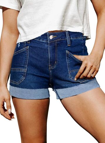 Sidefeel Womens Jean Shorts Casual High Waisted Stretchy Buttoned Folded Hem Denim Shorts in Saudi Arabia