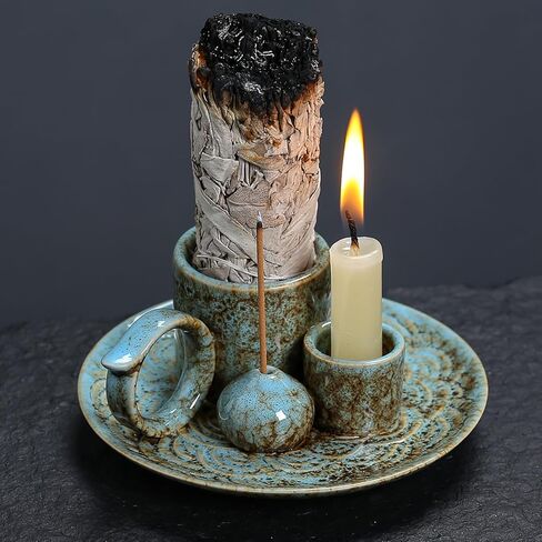 Ceramic 4in 1 Incense Holder with Handle for Incense Stick Holder, Palo Santo, Sage, Candle, Ash Collection, Beautiful Home Decor Tray for Yoga, Meditation, Housewarming, Friends in Saudi Arabia