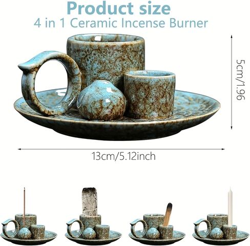 Ceramic 4in 1 Incense Holder with Handle for Incense Stick Holder, Palo Santo, Sage, Candle, Ash Collection, Beautiful Home Decor Tray for Yoga, Meditation, Housewarming, Friends in Saudi Arabia