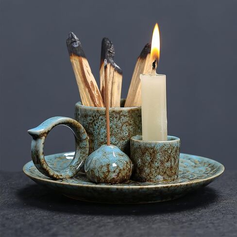 Ceramic 4in 1 Incense Holder with Handle for Incense Stick Holder, Palo Santo, Sage, Candle, Ash Collection, Beautiful Home Decor Tray for Yoga, Meditation, Housewarming, Friends in Saudi Arabia