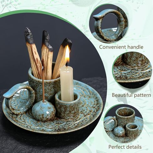 Ceramic 4in 1 Incense Holder with Handle for Incense Stick Holder, Palo Santo, Sage, Candle, Ash Collection, Beautiful Home Decor Tray for Yoga, Meditation, Housewarming, Friends in Saudi Arabia