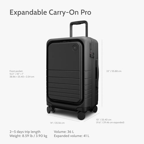 حقيبة Monos Pro قابلة للتوسيع (22 بوصة)، حقيبة سفر صلبة قابلة للتوسيع مع جيب أمامي، قفل TSA، معتمدة من شركات الطيران، أسود منتصف الليل in Kuwait