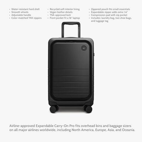 حقيبة Monos Pro قابلة للتوسيع (22 بوصة)، حقيبة سفر صلبة قابلة للتوسيع مع جيب أمامي، قفل TSA، معتمدة من شركات الطيران، أسود منتصف الليل in Kuwait