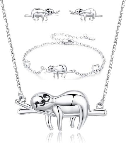 JUSTKIDSTOY Sterling Silver Sloth Jewelry Set: Pendant Necklace, Adjustable Bracelet, Stud Earrings (3 Pieces) - Women's, Girls' Unisex Animal Sloth Charm Gift for Any Occasion in Saudi Arabia