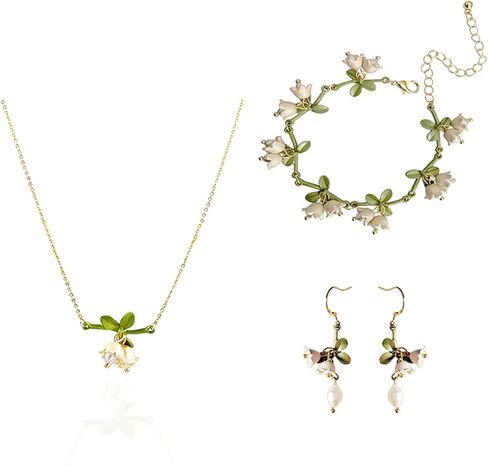 Lily of the Valley Flower Necklace Earrings Gold Plated Charm Fairy White Lily Bell Freshwater Pearl Flowers Enamel Green Leaves Tassel Jewerly Set for Women Wedding Bridal Spring Holiday Jewelry Gifts in Saudi Arabia