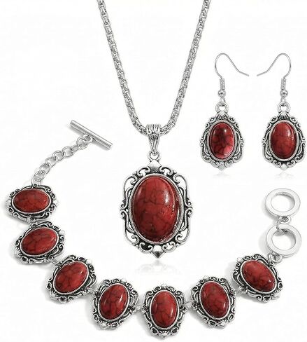 مجموعة مجوهرات غربية حمراء للنساء، قلادة فضية عتيقة من الحجر الصناعي البيضاوي وسوار وأقراط متدلية، هدايا إكسسوارات أزياء بوهو الجنوبية الغربية in Kuwait