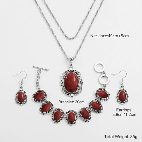 مجموعة مجوهرات غربية حمراء للنساء، قلادة فضية عتيقة من الحجر الصناعي البيضاوي وسوار وأقراط متدلية، هدايا إكسسوارات أزياء بوهو الجنوبية الغربية in Kuwait
