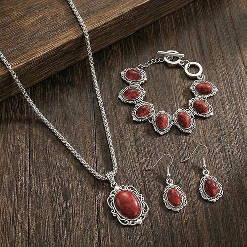 مجموعة مجوهرات غربية حمراء للنساء، قلادة فضية عتيقة من الحجر الصناعي البيضاوي وسوار وأقراط متدلية، هدايا إكسسوارات أزياء بوهو الجنوبية الغربية in Kuwait