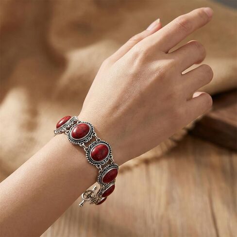 مجموعة مجوهرات غربية حمراء للنساء، قلادة فضية عتيقة من الحجر الصناعي البيضاوي وسوار وأقراط متدلية، هدايا إكسسوارات أزياء بوهو الجنوبية الغربية in Kuwait